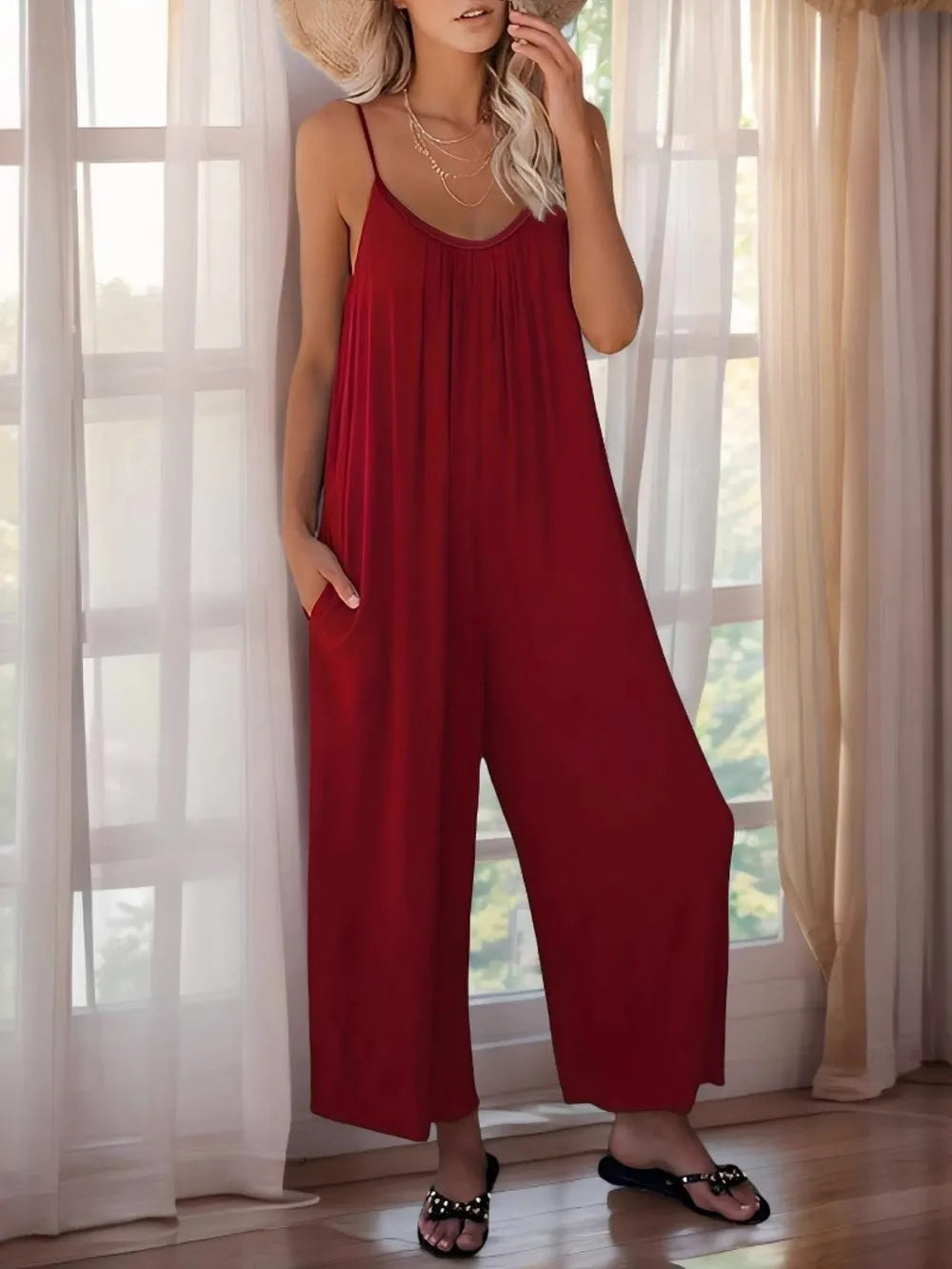 Scoop Neck Spaghetti Strap Jumpsuit Burgundy
