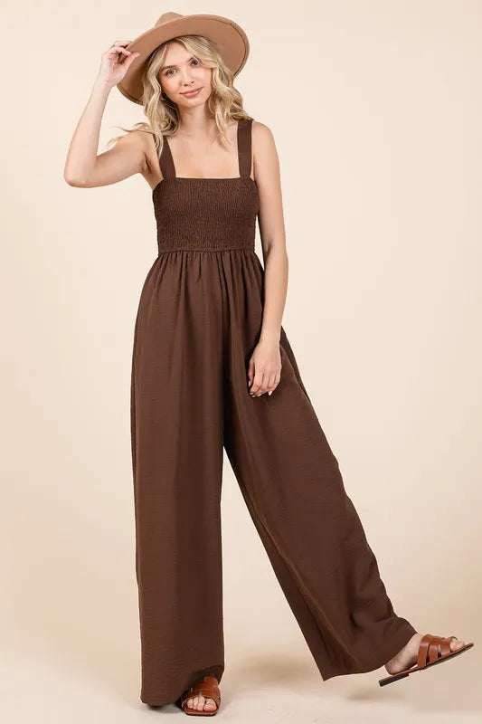 Mittoshop Smocked Wide Strap Wide Leg Overalls