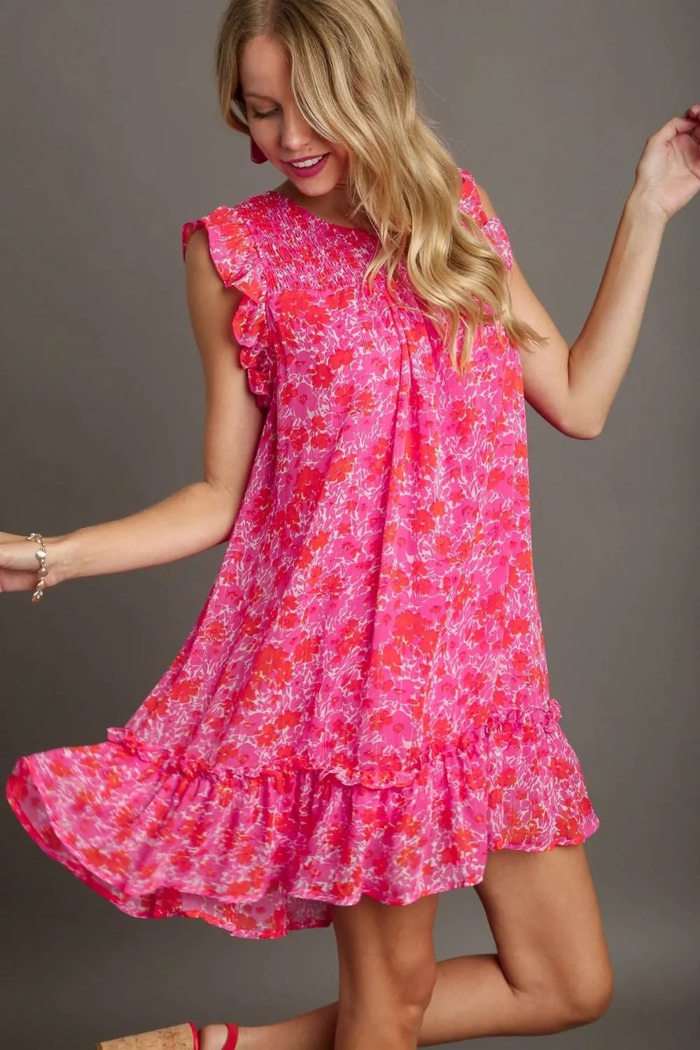 Umgee Full Size Smocked Detail Floral Metallic Ruffle Cap Sleeve Dress Plus Size Hot Pink