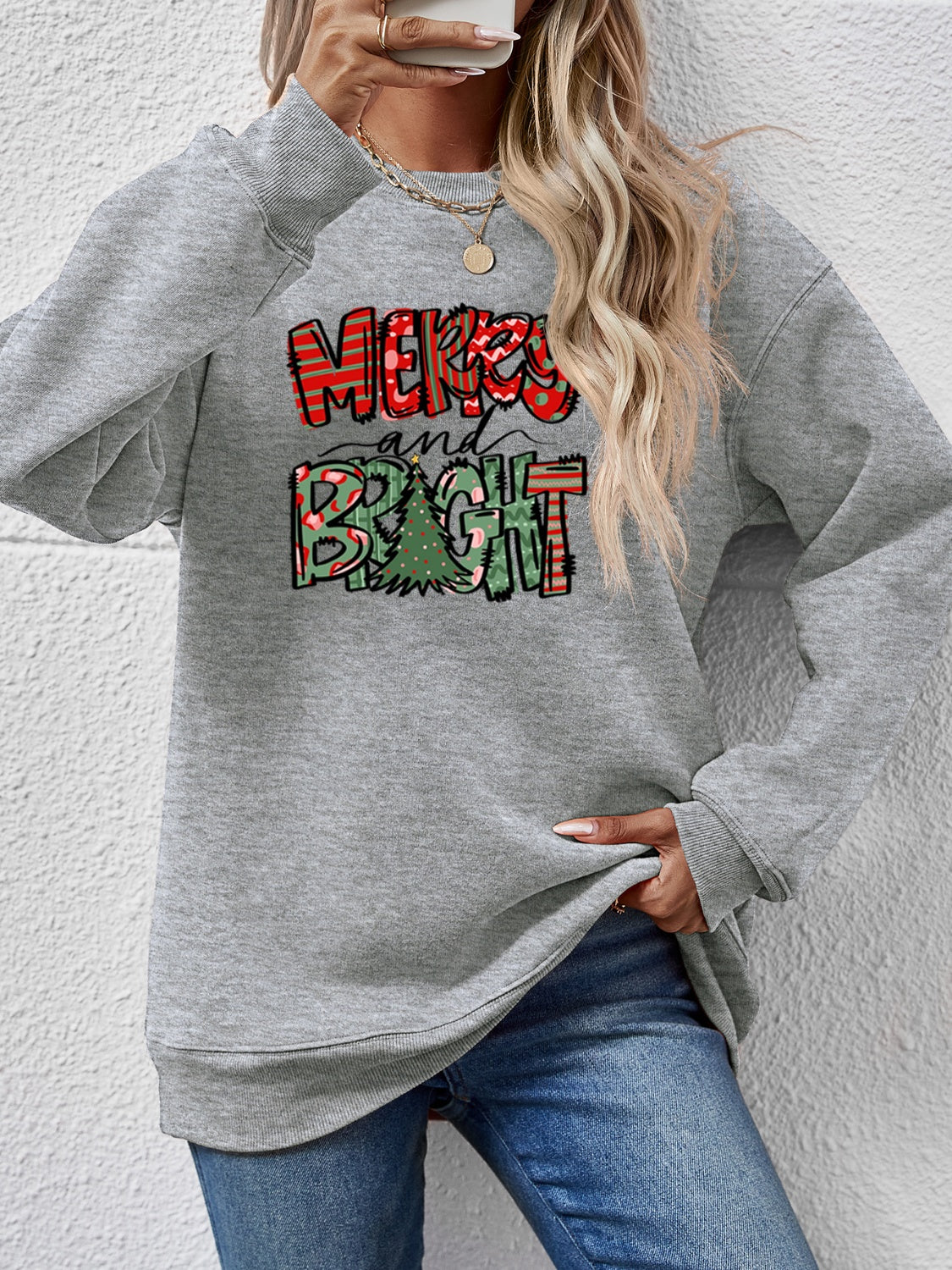 MERRY AND BRIGHT Long Sleeve Sweatshirt Charcoal