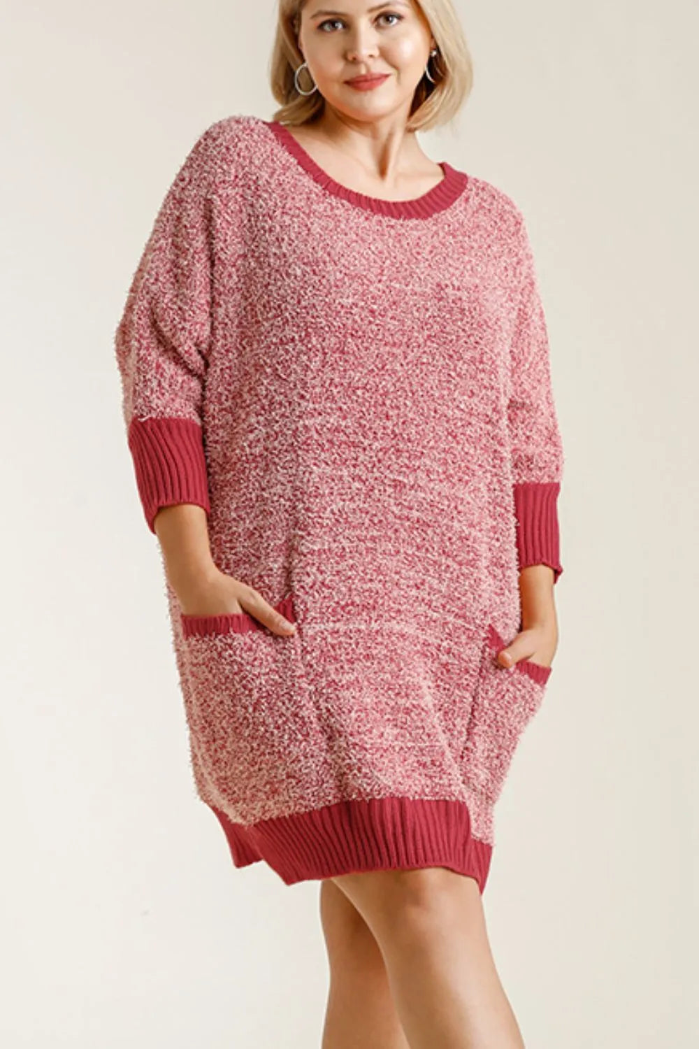 Umgee Full Size Ribbed Hem Round Neck 3/4 Sleeve Sweater Dress with Pockets Plus Size