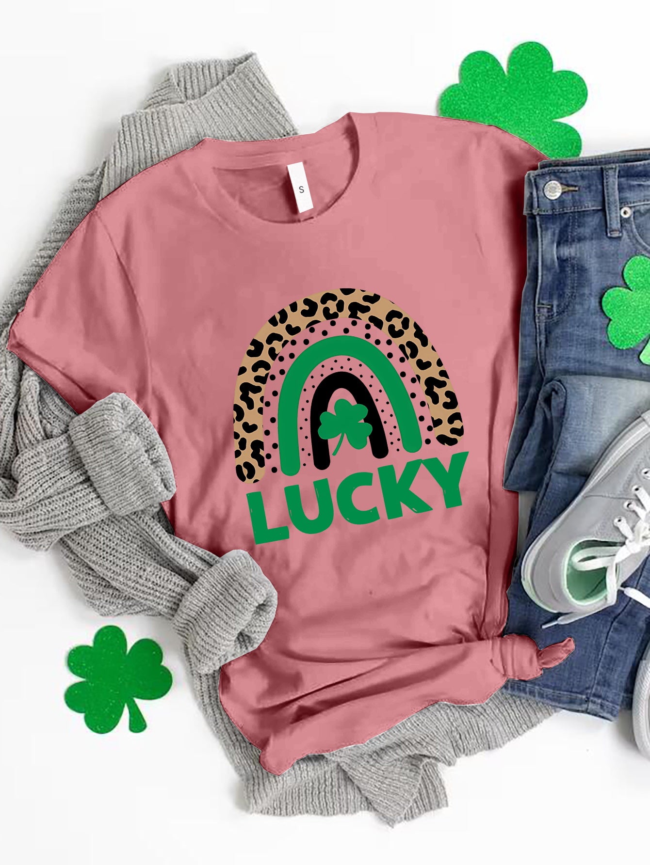 LUCKY Round Neck Short Sleeve T-Shirt Dusty Pink