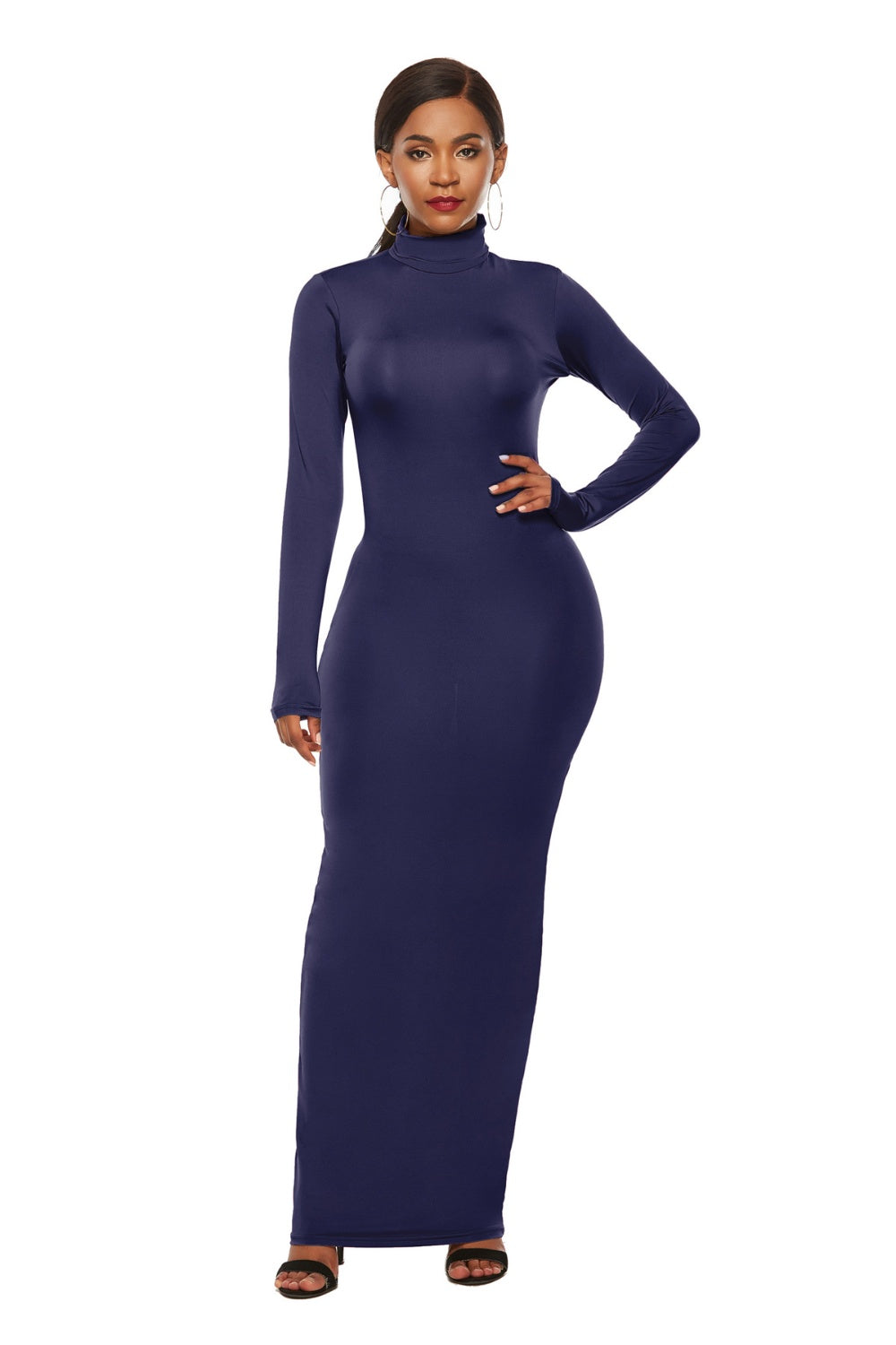 Mock Neck Long Sleeve Maxi Slim Dress Dark Blue