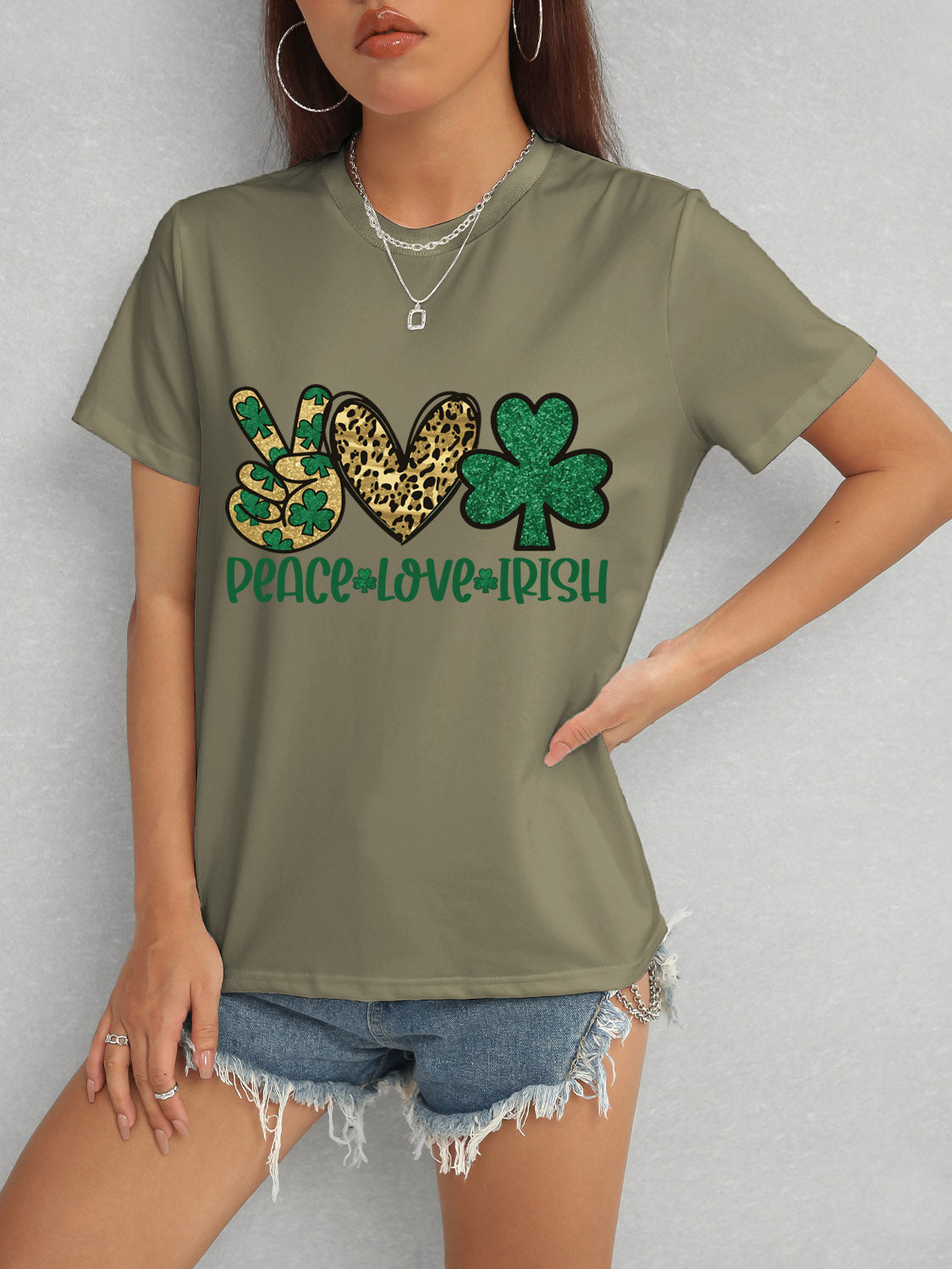 PEACE LOVE IRISH Round Neck Short Sleeve T-Shirt Army Green