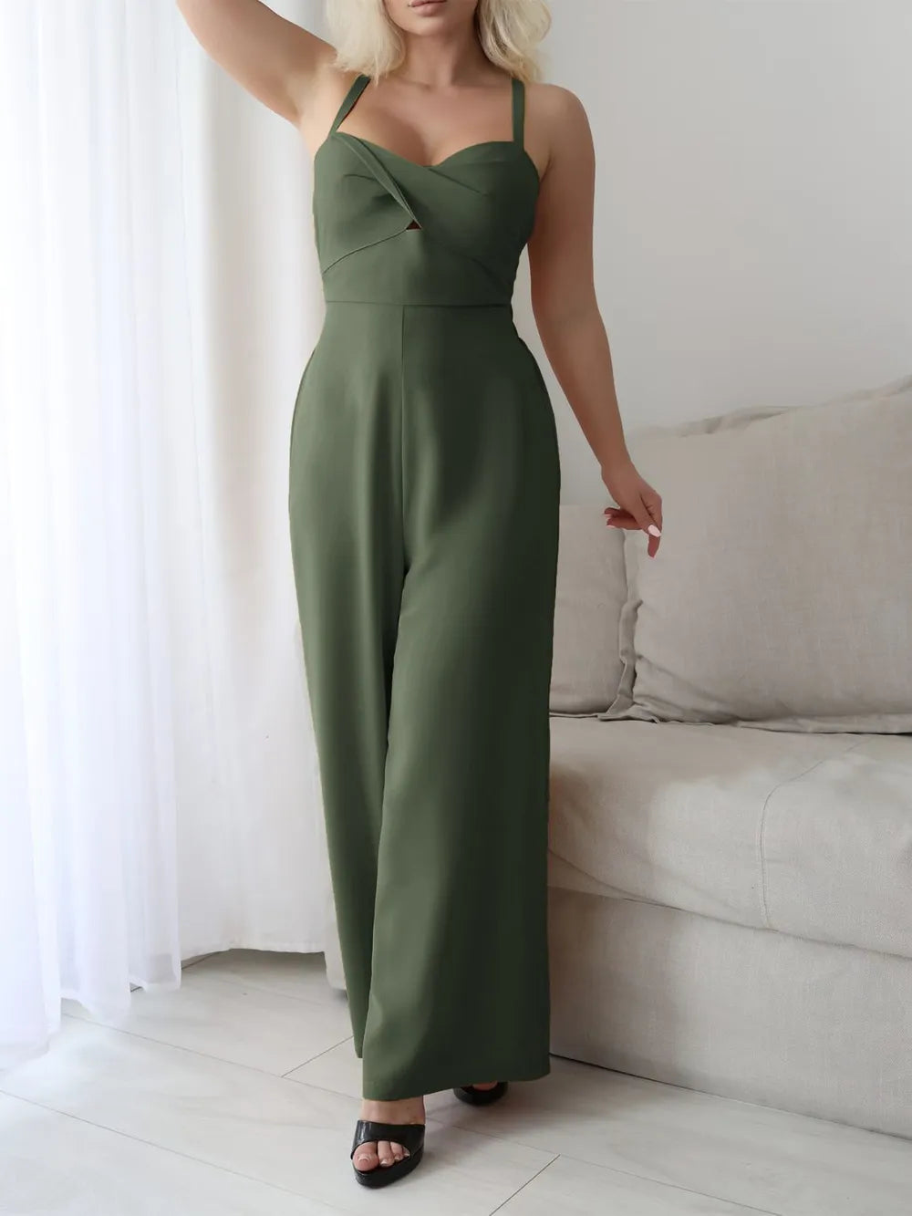 Devine Tie Back Backless Crisscross Jumpsuit Moss