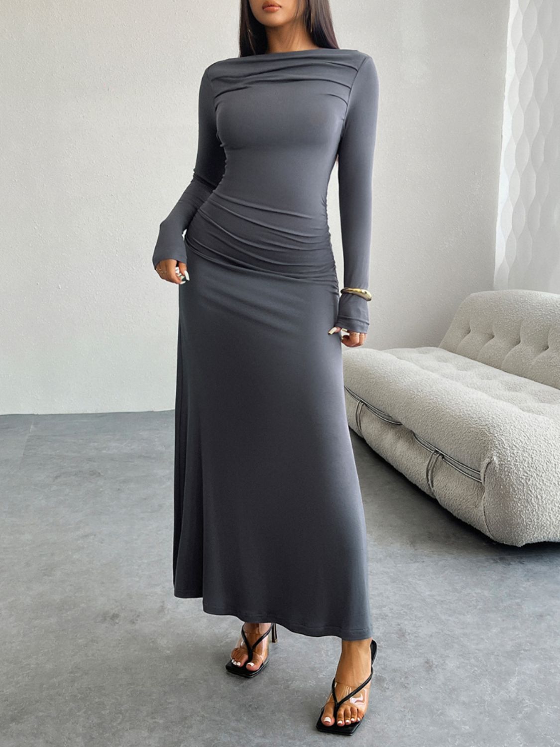 Devine Ruched Long Sleeve Maxi Dress Dark Gray