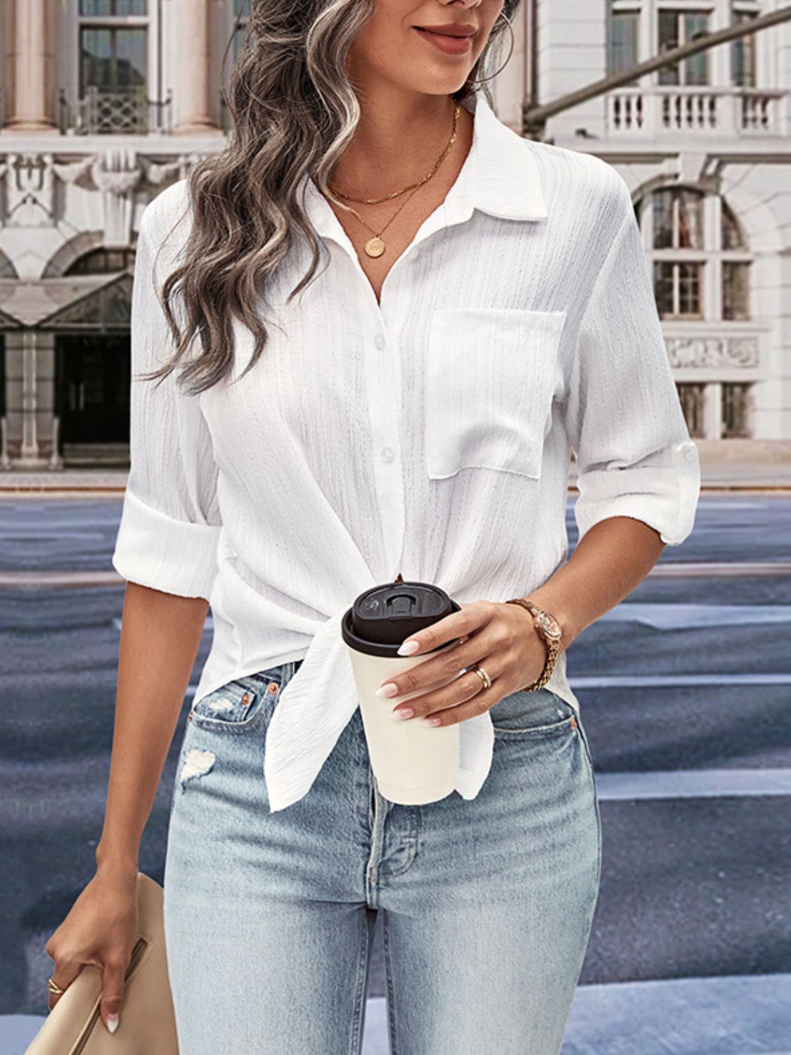 Perfee Collared Neck Half Sleeve Twisted Shirt White
