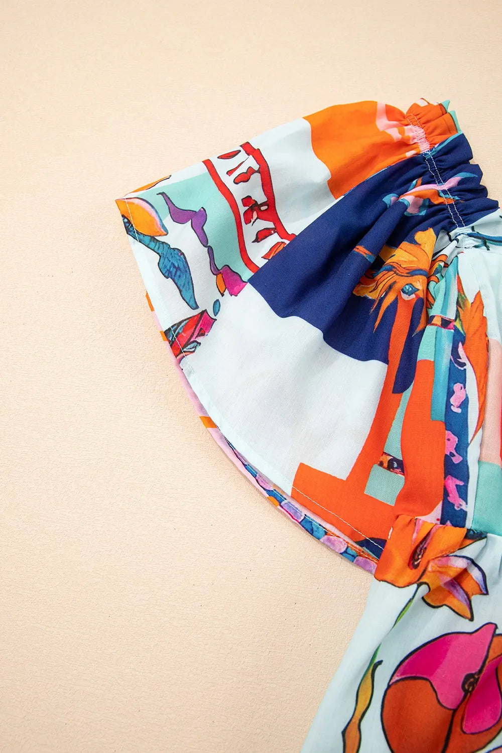 Printed Square Neck Ruffled Short Sleeve Blouse