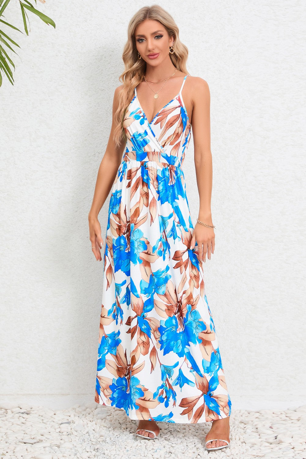 Printed Surplice Maxi Cami Dress Light Green
