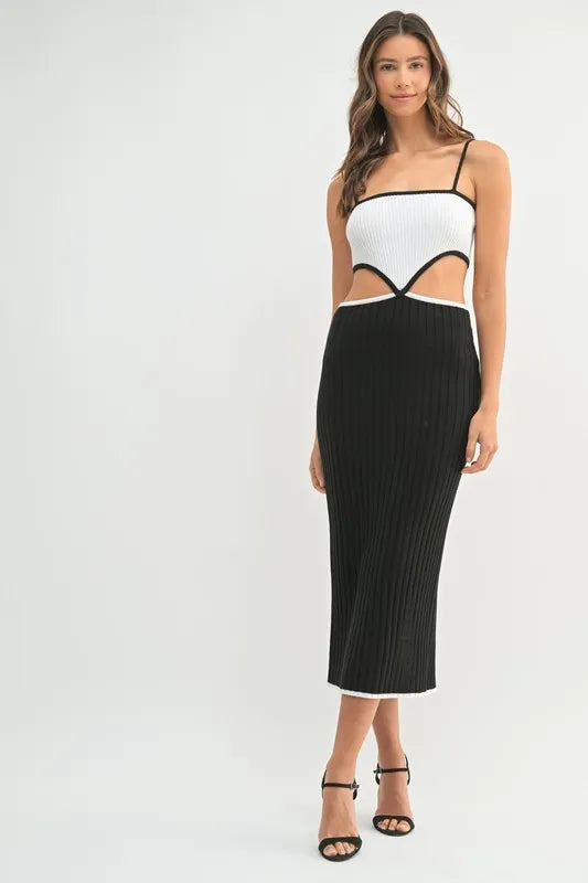 MABLE Ribbed Knit Color Block Cutout Midi Dress