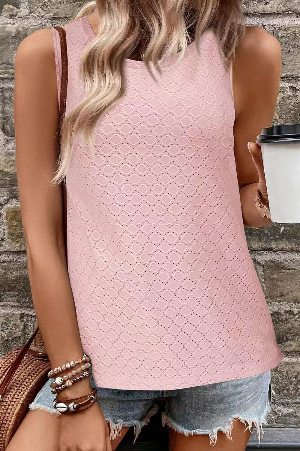 Florira Eyelet Round Neck Tank Blush Pink