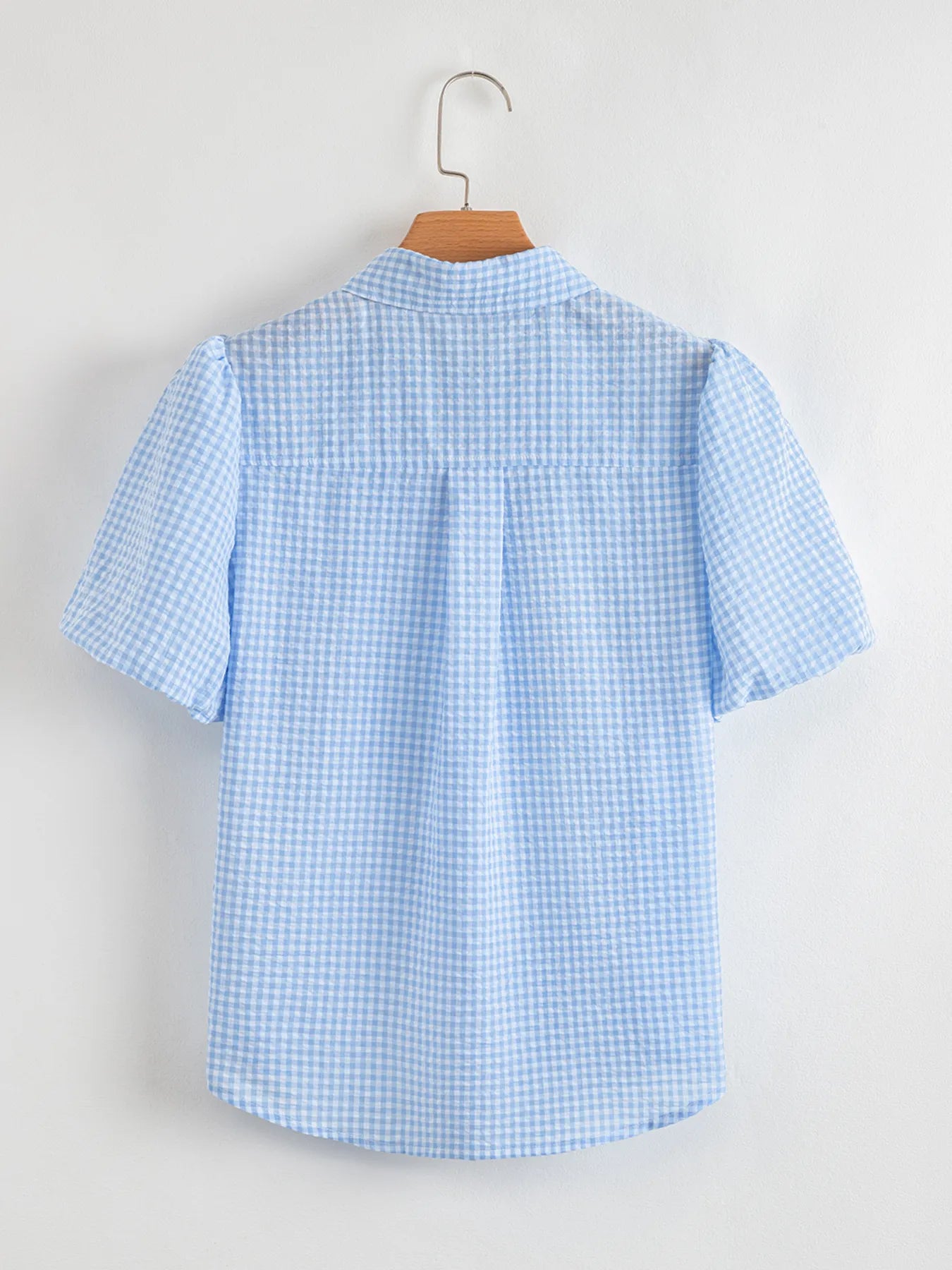 Gingham Print Puff Sleeve Button-Up Shirt