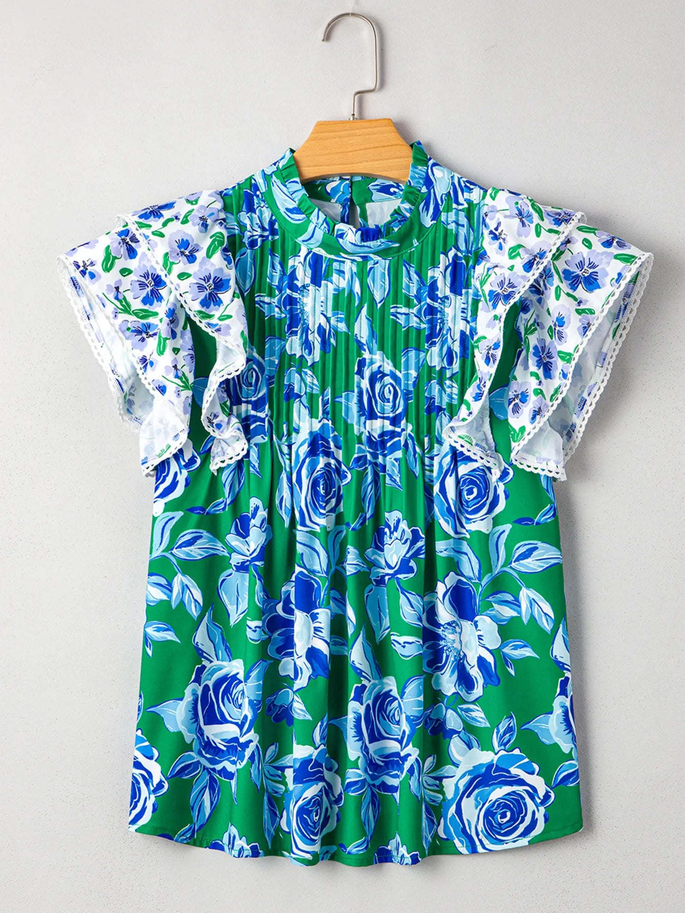 Floral Lace Trim Contrast Ruffle Sleeve Pleated Loose Blouse