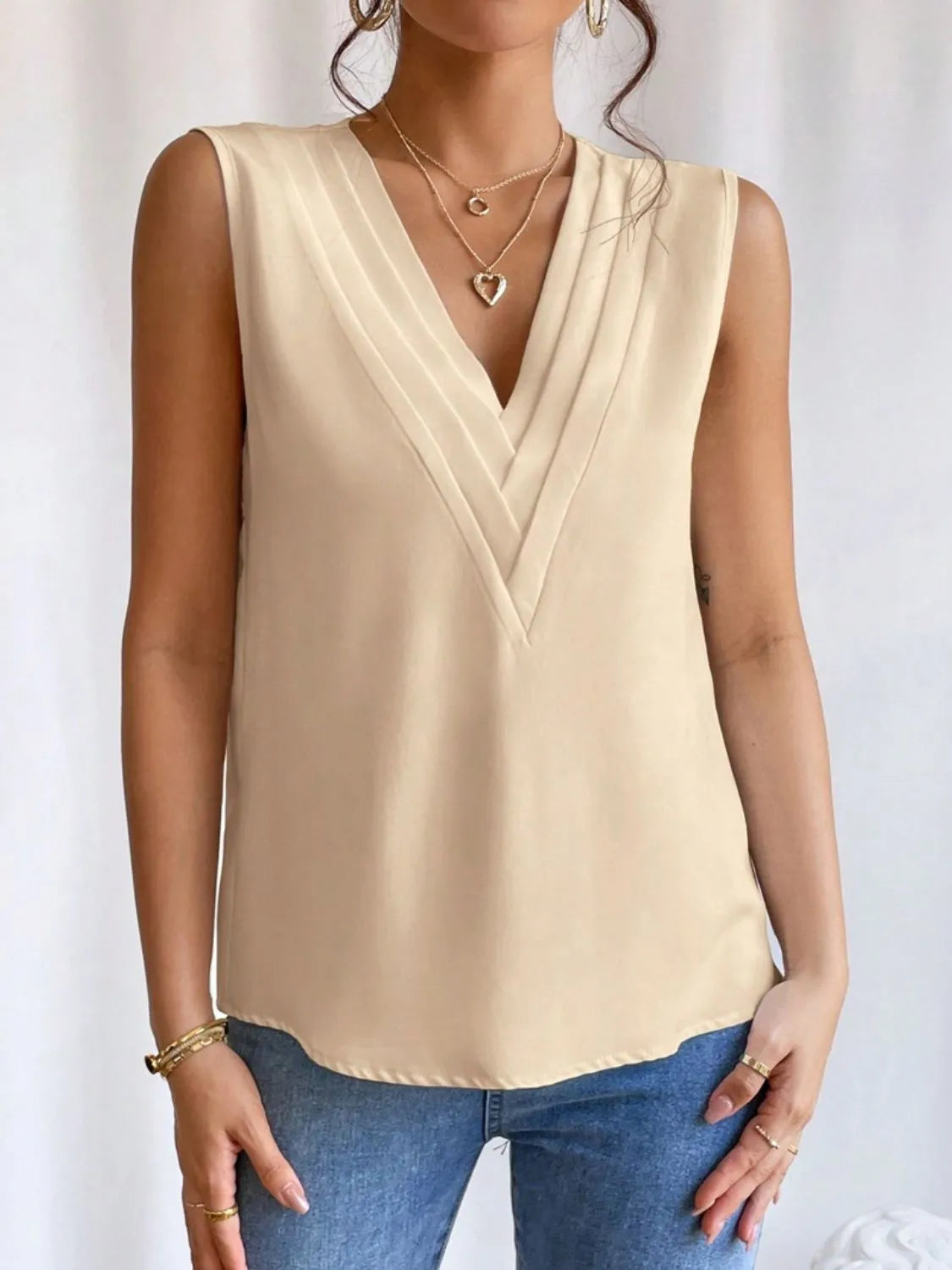 V-Neck Pleated Sleeveless Cami Tank Top Tan