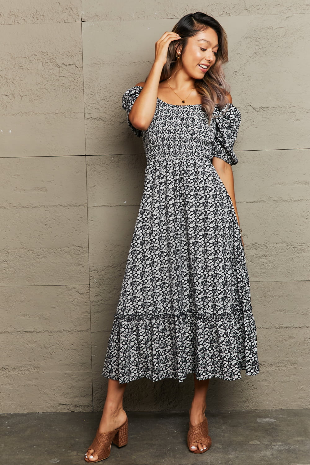 Perfee Floral Lace-Up Off-Shoulder Midi Dress Black