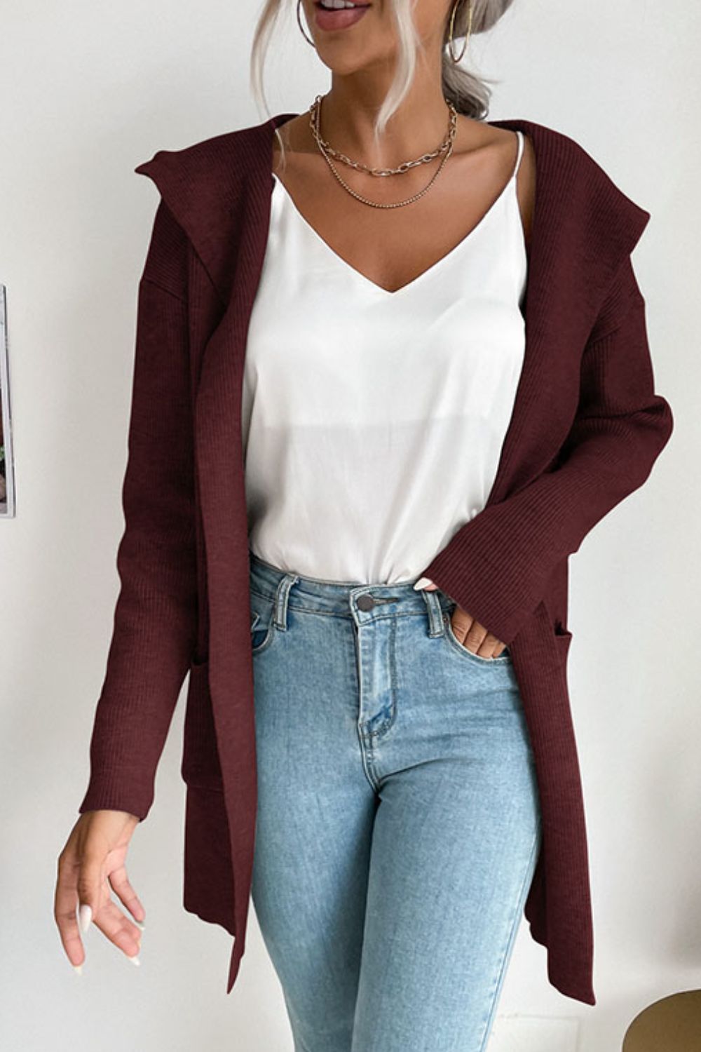 Perfee Ribbed Open Front Hooded Cardigan with Pockets Burgundy