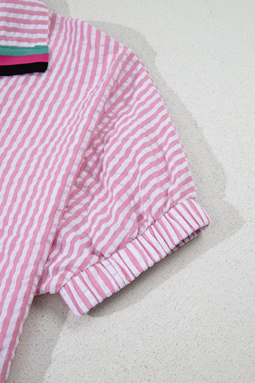 Striped Print Contrast Split Neck Dolman Sleeve Blouse