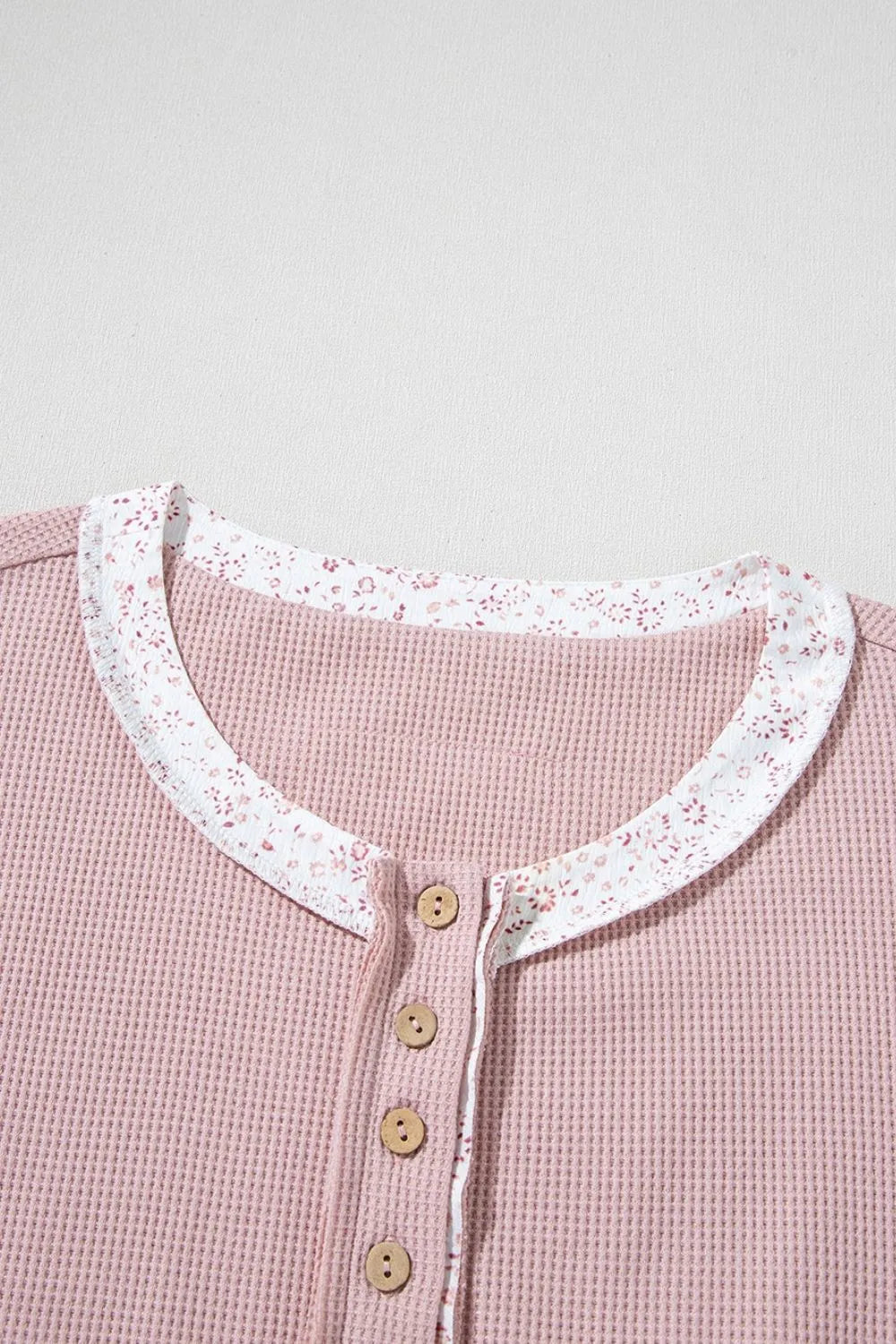 Waffle Floral Patchwork Exposed Seam Detail Short Sleeve Top