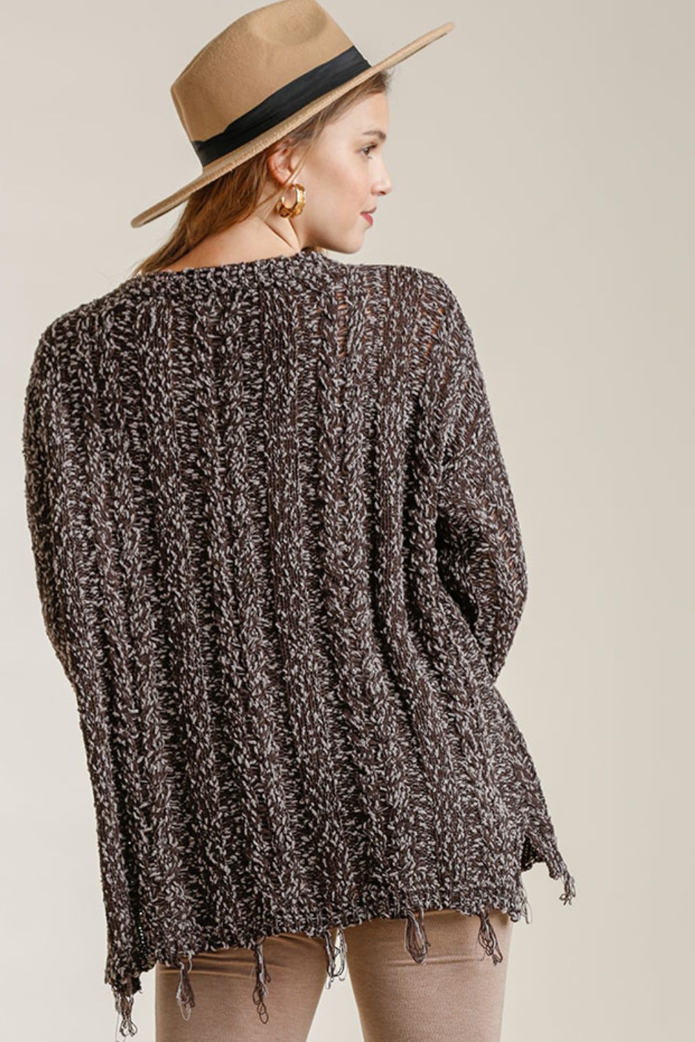 Umgee Full Size Frayed Hem Cable Knit Round Neck Sweater Plus Size