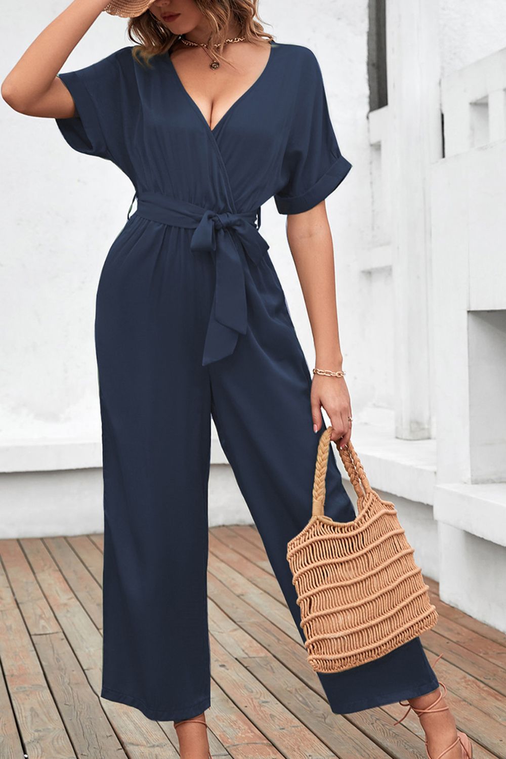 Tie Waist Surplice Wide Leg Jumpsuit Navy