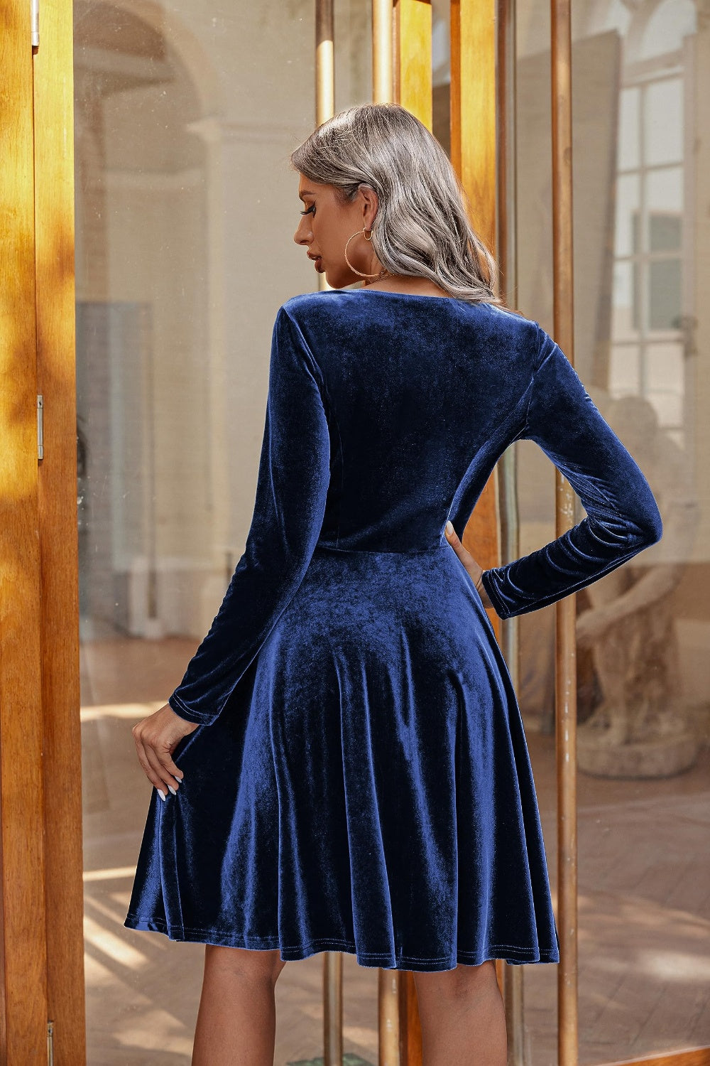 Round Neck Long Sleeve Knee Length Dress Navy