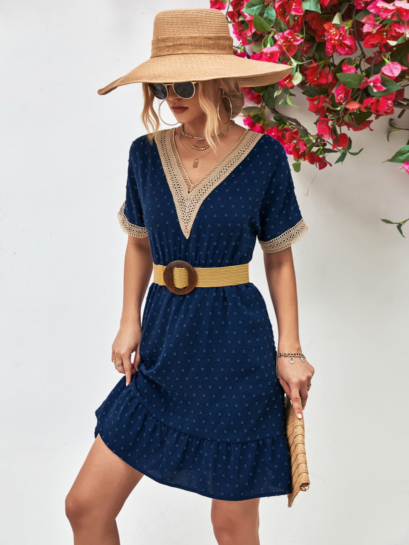 Contrast V-Neck Short Sleeve Mini Dress Dark Blue