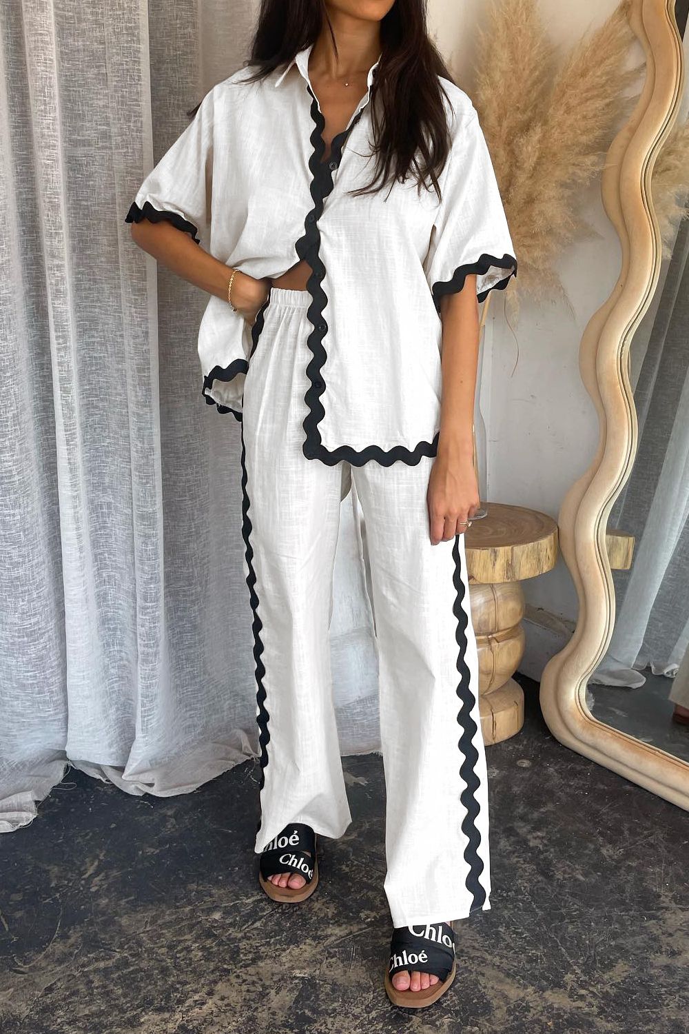 Contrast Trim Half Sleeve Top and Pants Set