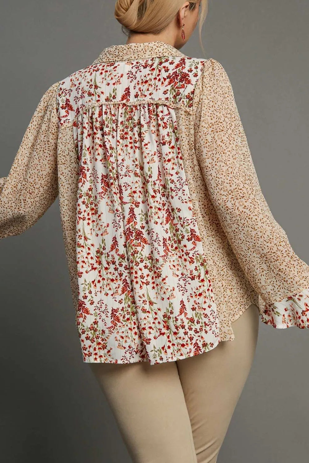 Umgee Full Size Mixed Print Metallic Detail Long Ruffle Sleeve Button Down Shirt Plus Size