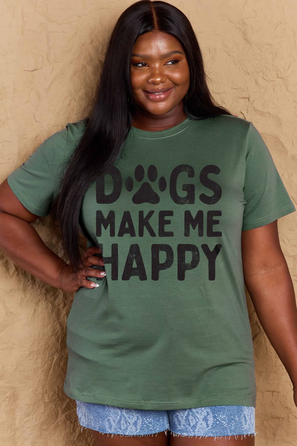 Simply Love Full Size DOGS MAKE ME HAPPY Graphic Cotton T-Shirt Dark Green