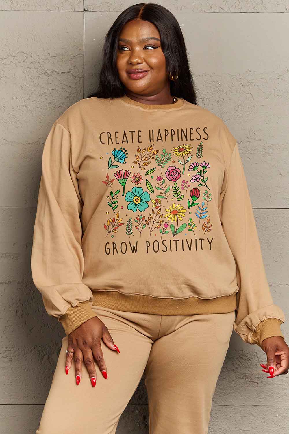 Simply Love Full Size CREATE HAPPINESS GROW POSITIVITY Graphic Sweatshirt