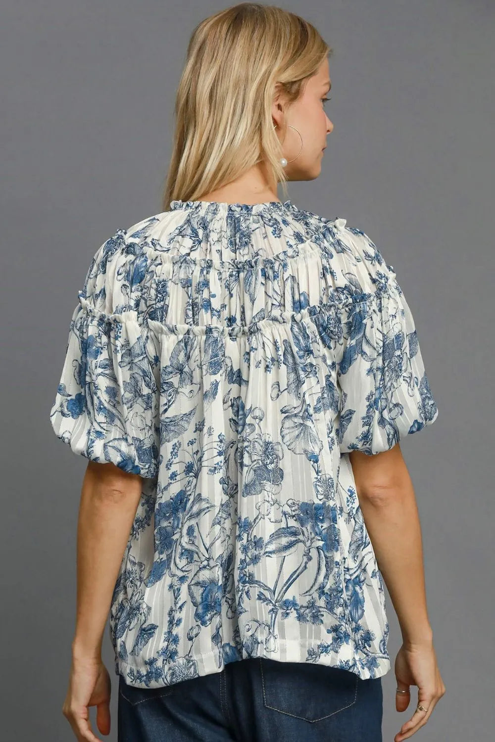 Umgee Full Size Floral Print Metallic Ruffle Blouse Plus Size