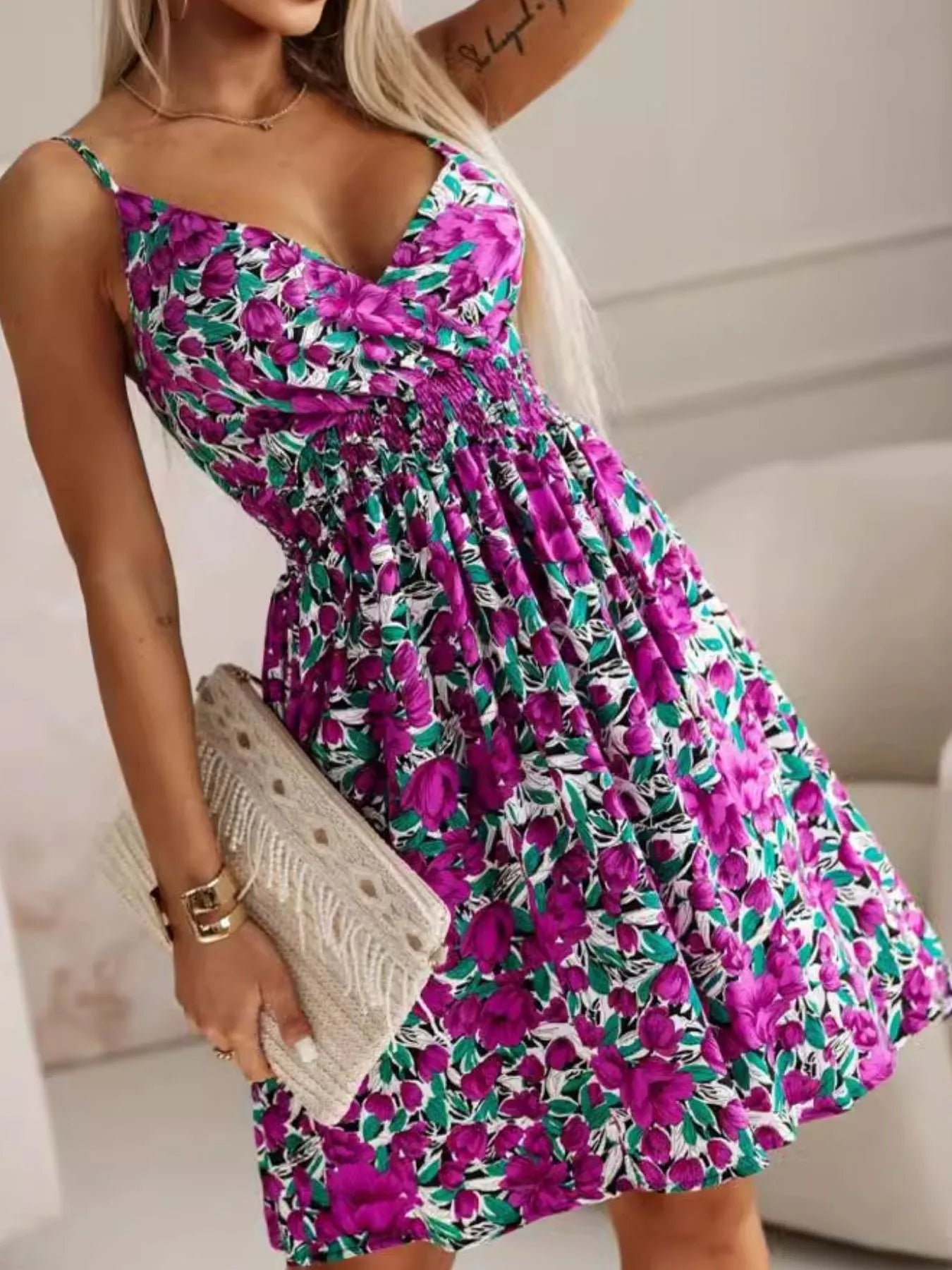 Tropical Print Spaghetti Strap Mini Dress Purple Flower