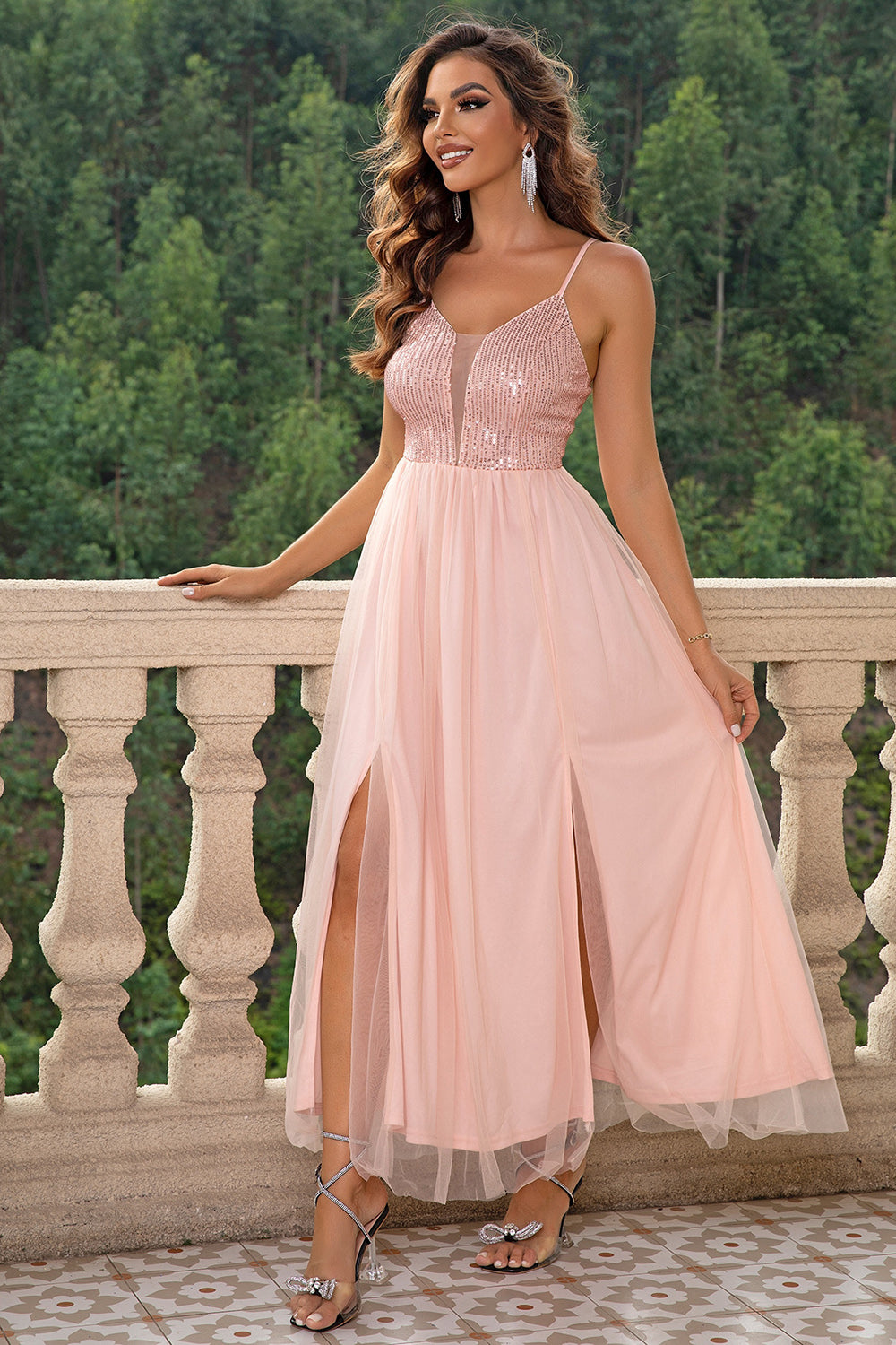 Spaghetti Strap Slit Mesh Dress Blush Pink