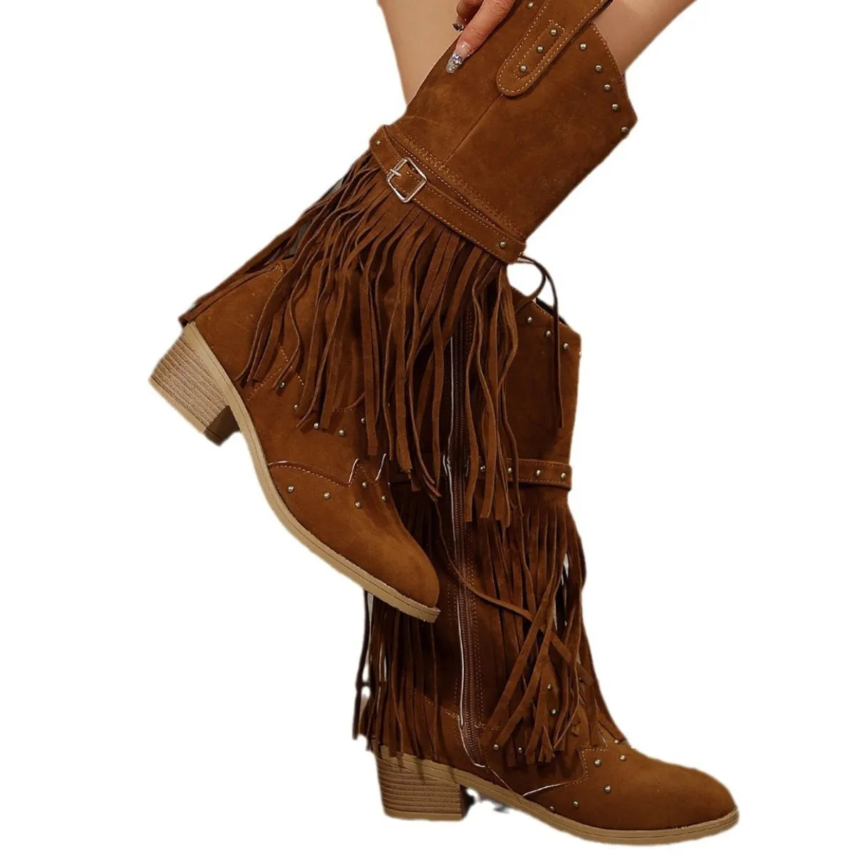 Point Toe Block Heels Boots Brown