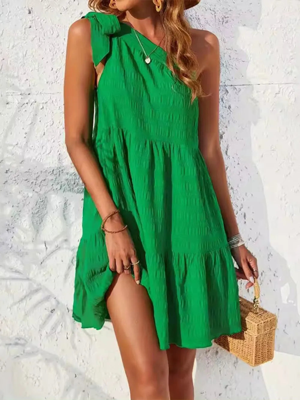 Textured Tied Single Shoulder Mini Dress Green