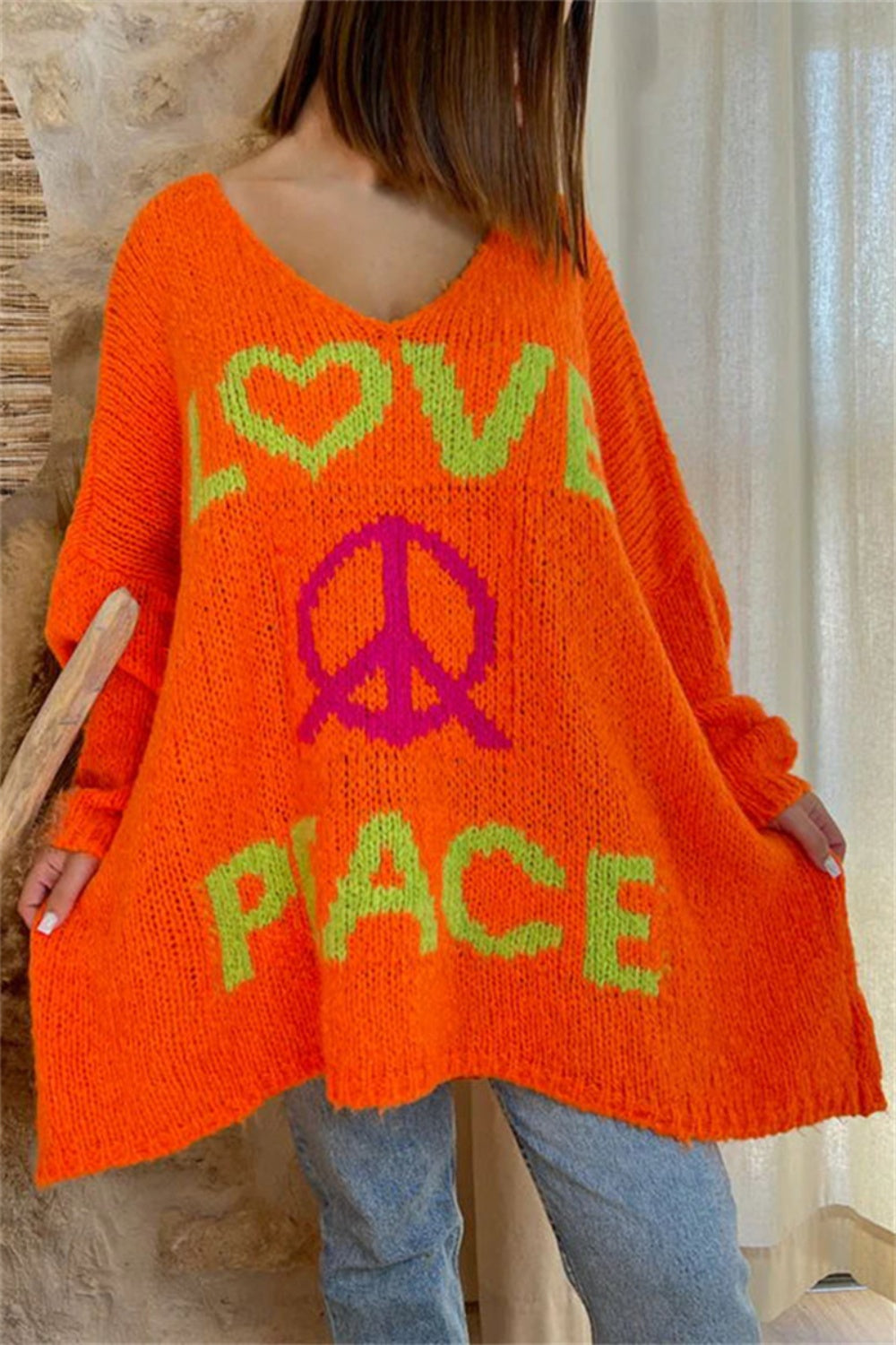 Peace Graphic V-Neck Long Sleeve Sweater Orange