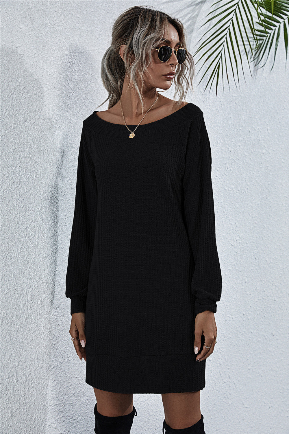 Waffle-Knit Boat Neck Mini Dress Black