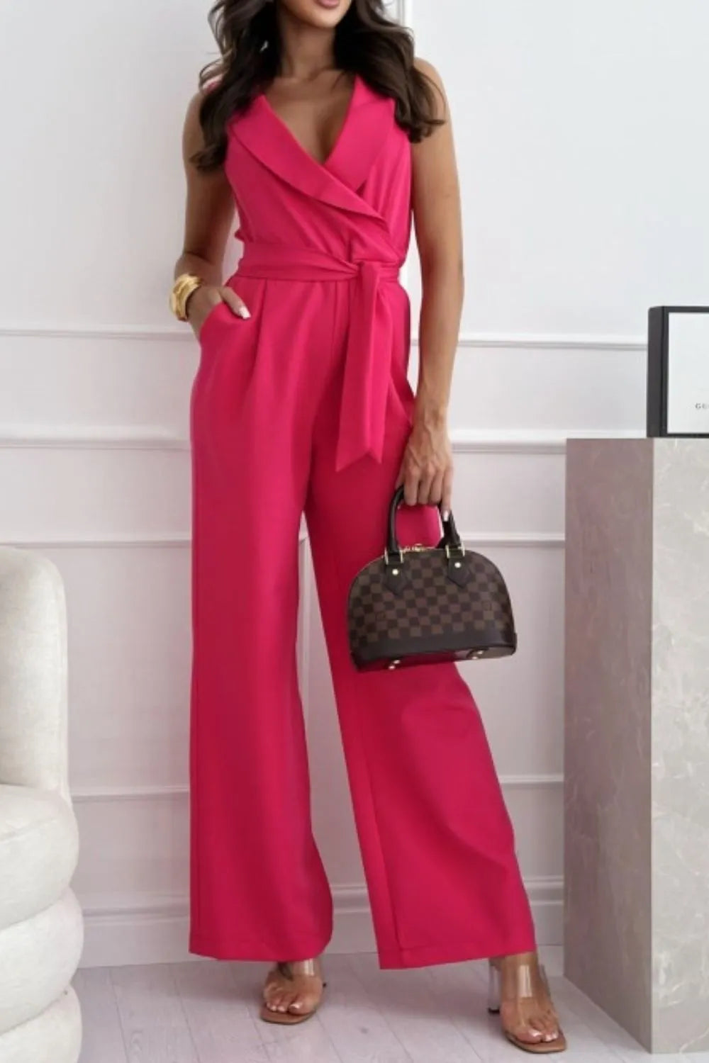 Surplice Sleeveless Wide Leg Jumpsuit Hot Pink