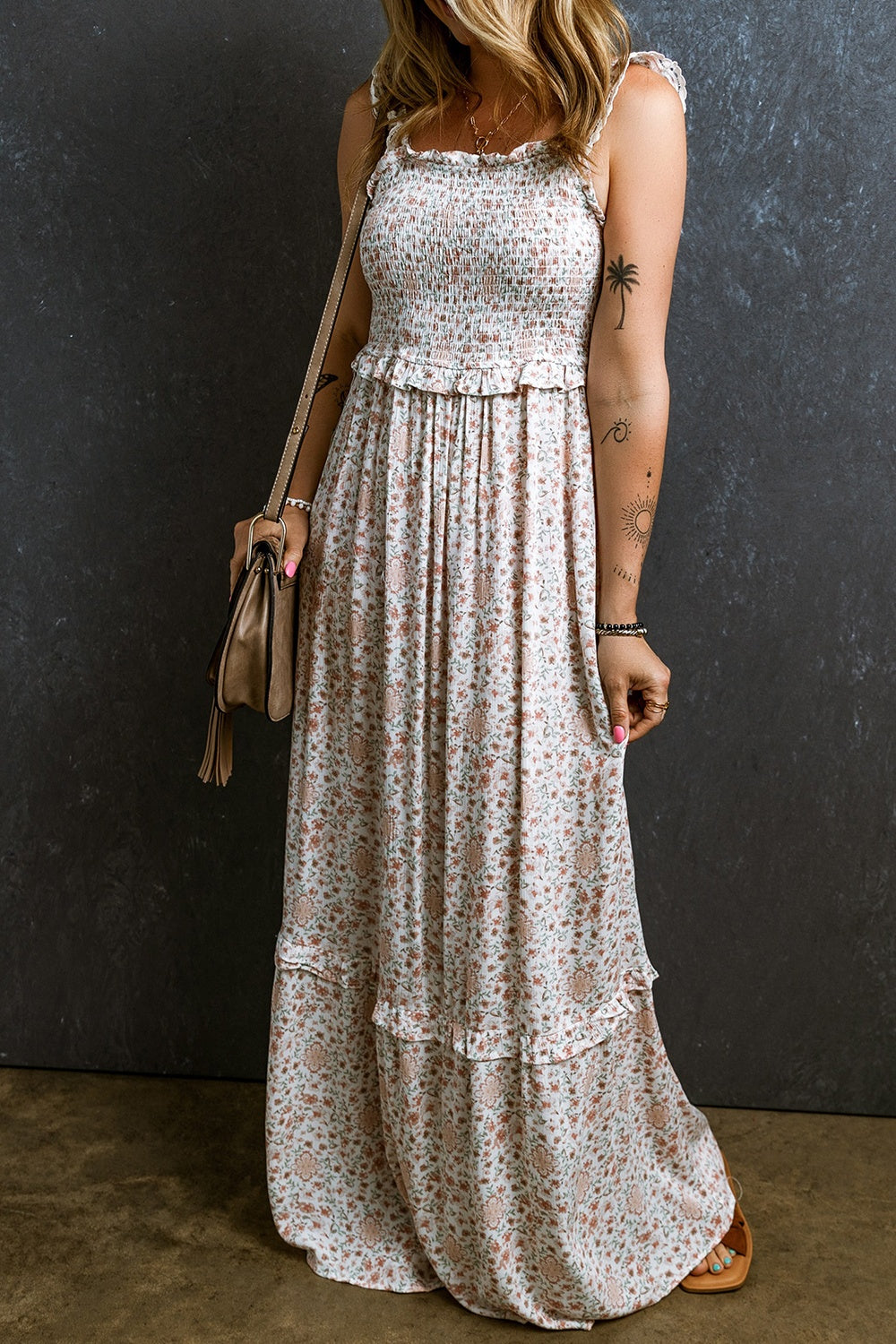 Ruffled Smocked Printed Sleeveless Maxi Dress Floral