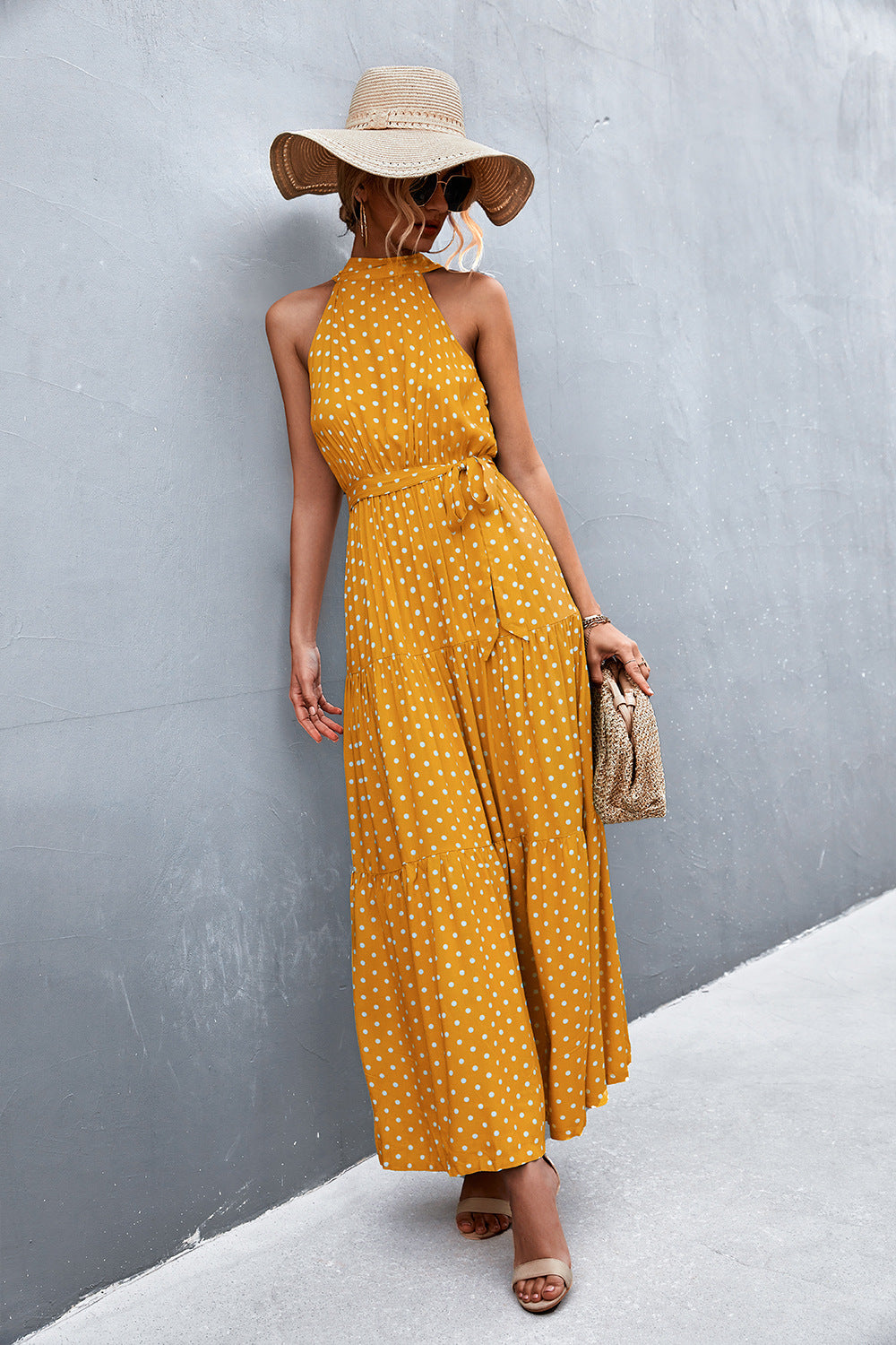 Printed Sleeveless Tie Waist Maxi Dress Mustard