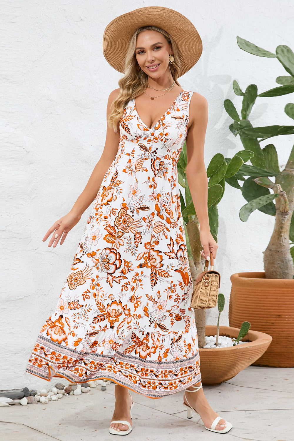 Printed V-Neck Wide Strap Dress Orange