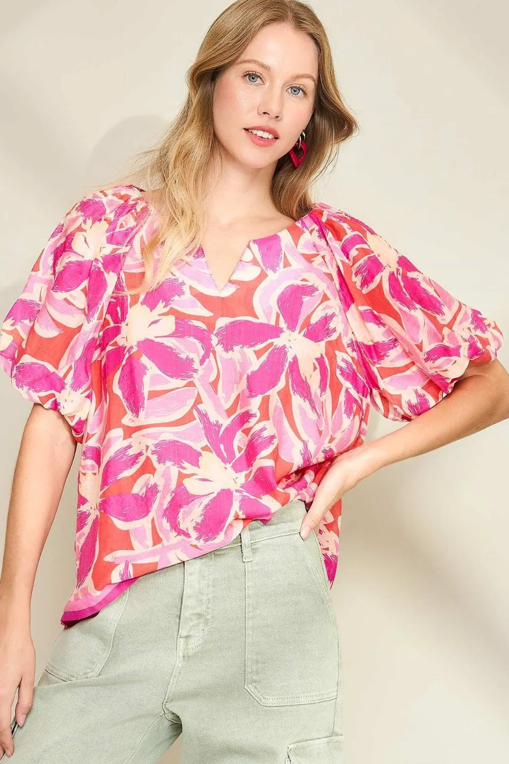 Umgee Floral Notched Puff Sleeve Blouse Fuchsia Pink