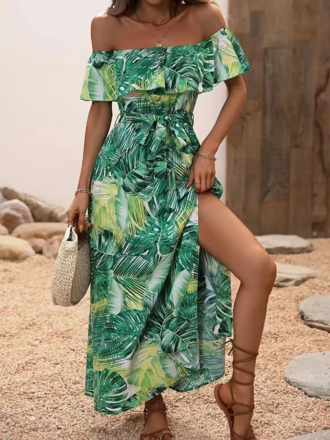 Ruffled Printed Off Shoulder Maxi Dress Green