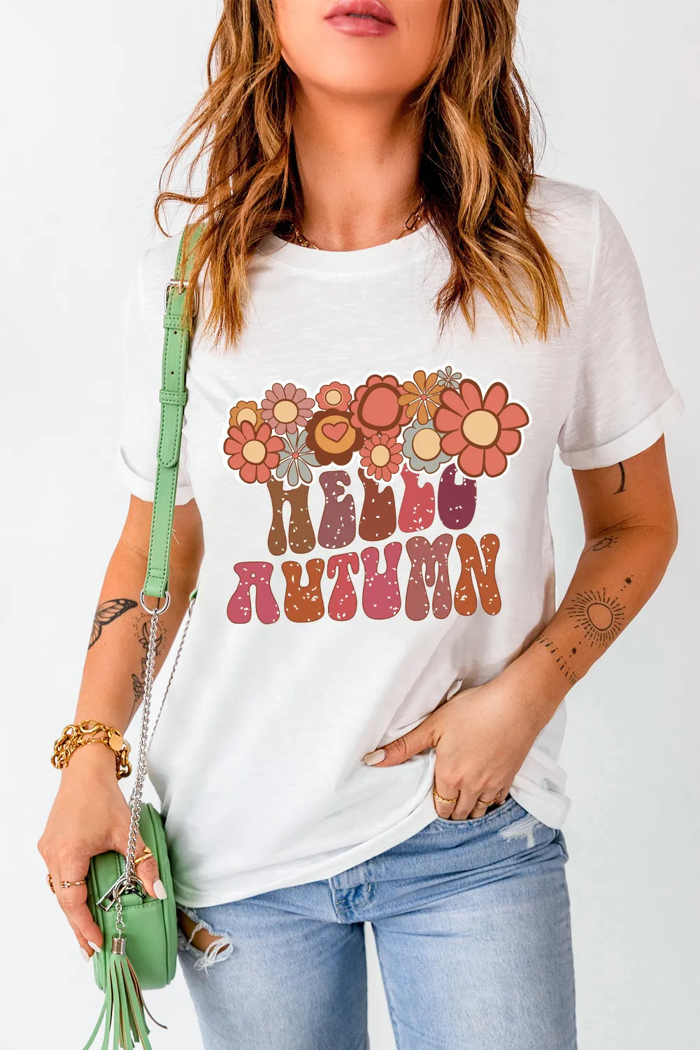 Flower & Letter Graphic Round Neck Short Sleeve T-Shirt White
