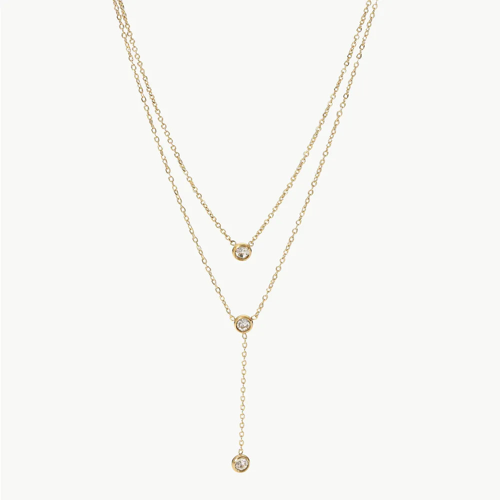 Stainless Steel Zircon Double-Layered Necklace Gold One Size
