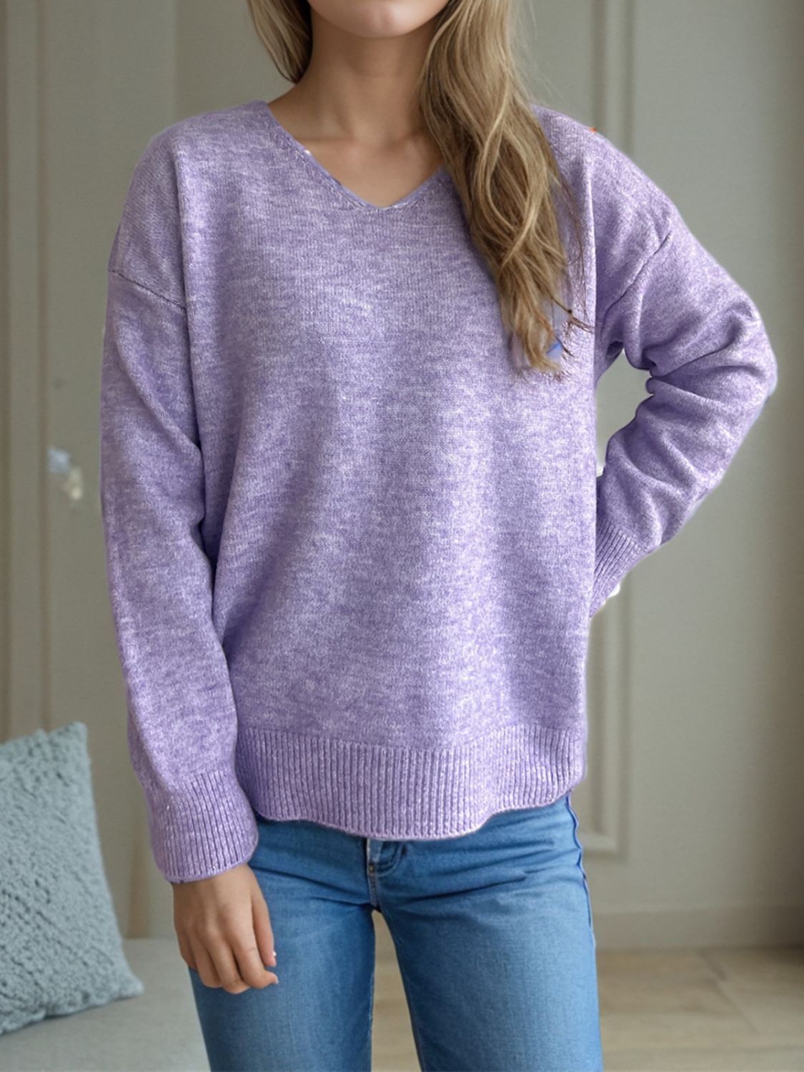 V-Neck Dropped Shoulder Long Sleeve Sweater Pink Purple One Size