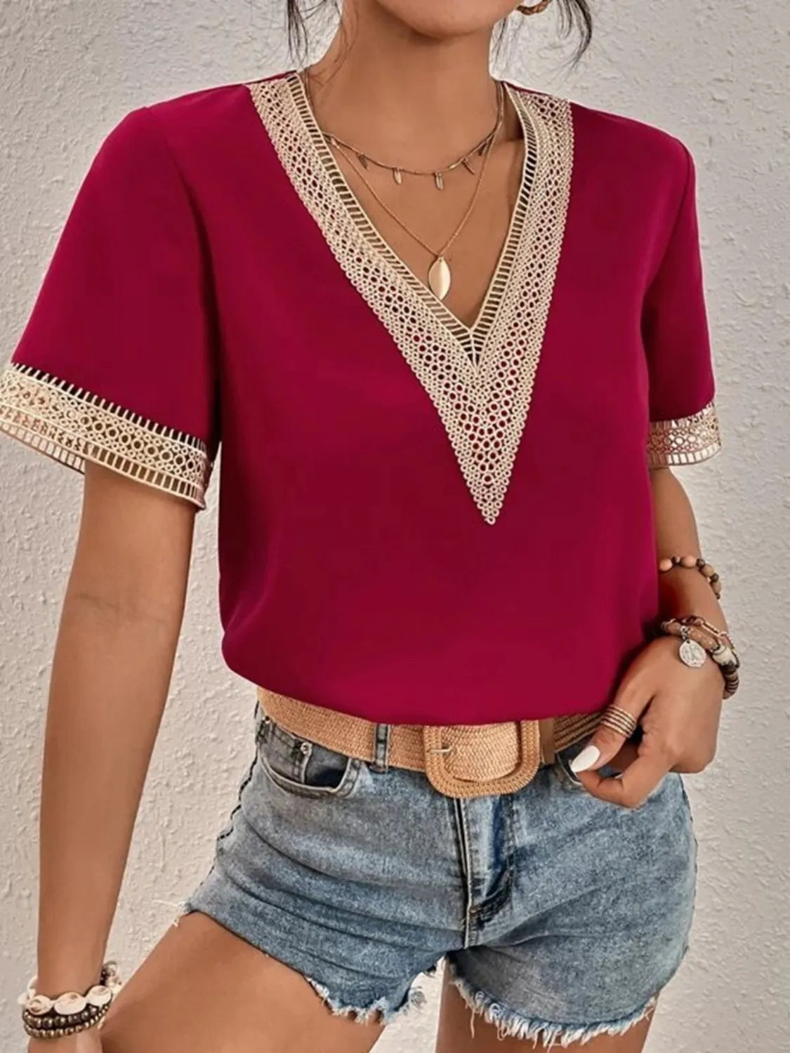 Full Size V-Neck Short Sleeve Blouse Plus Size Scarlet