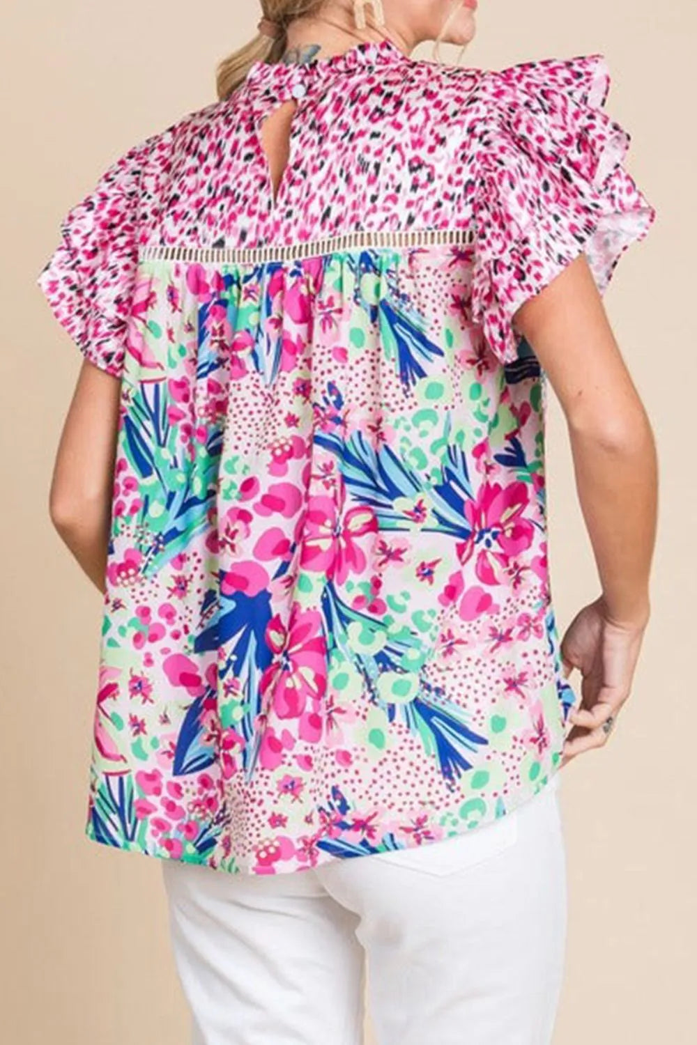 Floral Mixed Print Ruffle Cap Sleeve Blouse