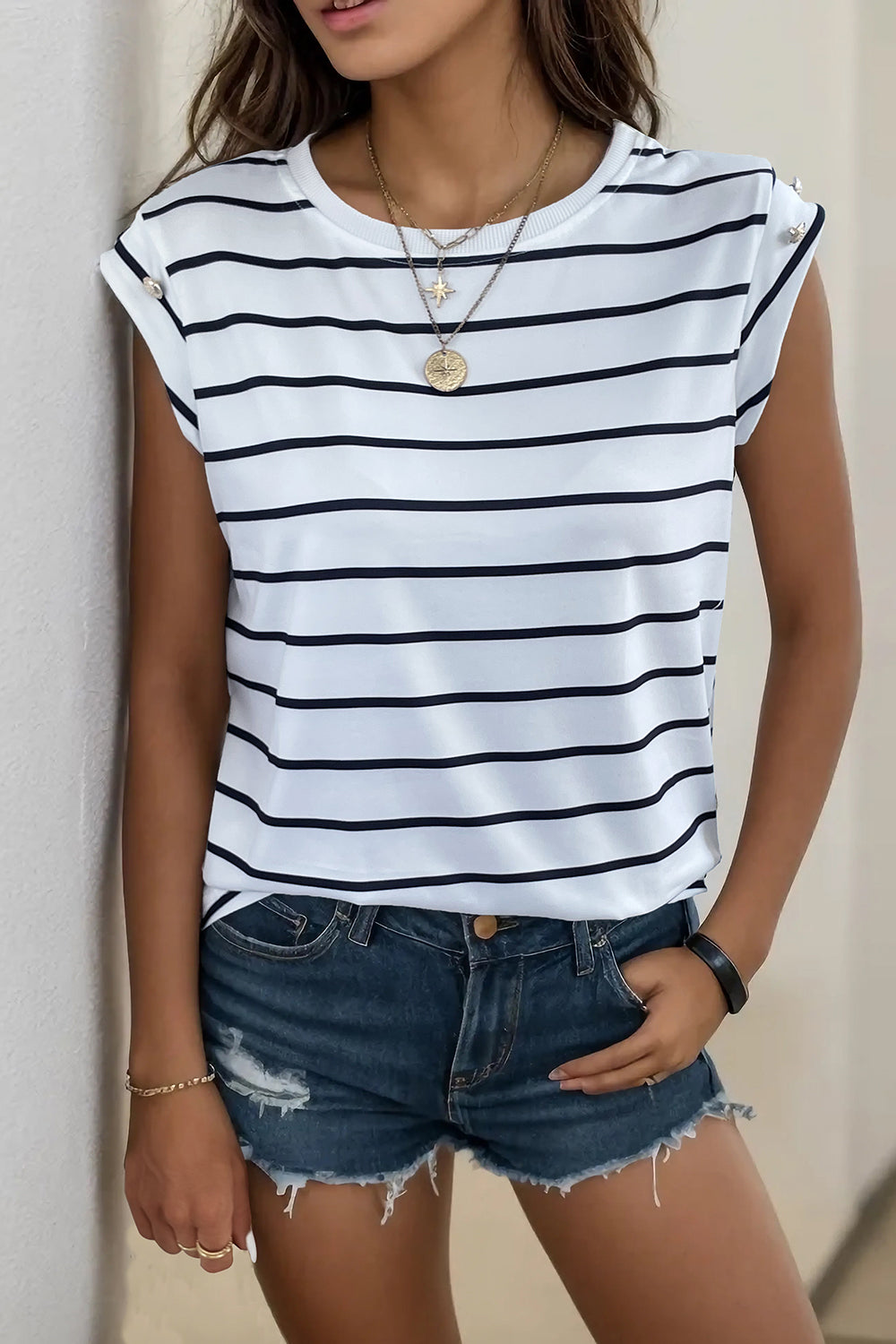 Perfee Decorative Button Round Neck T-Shirt White Black