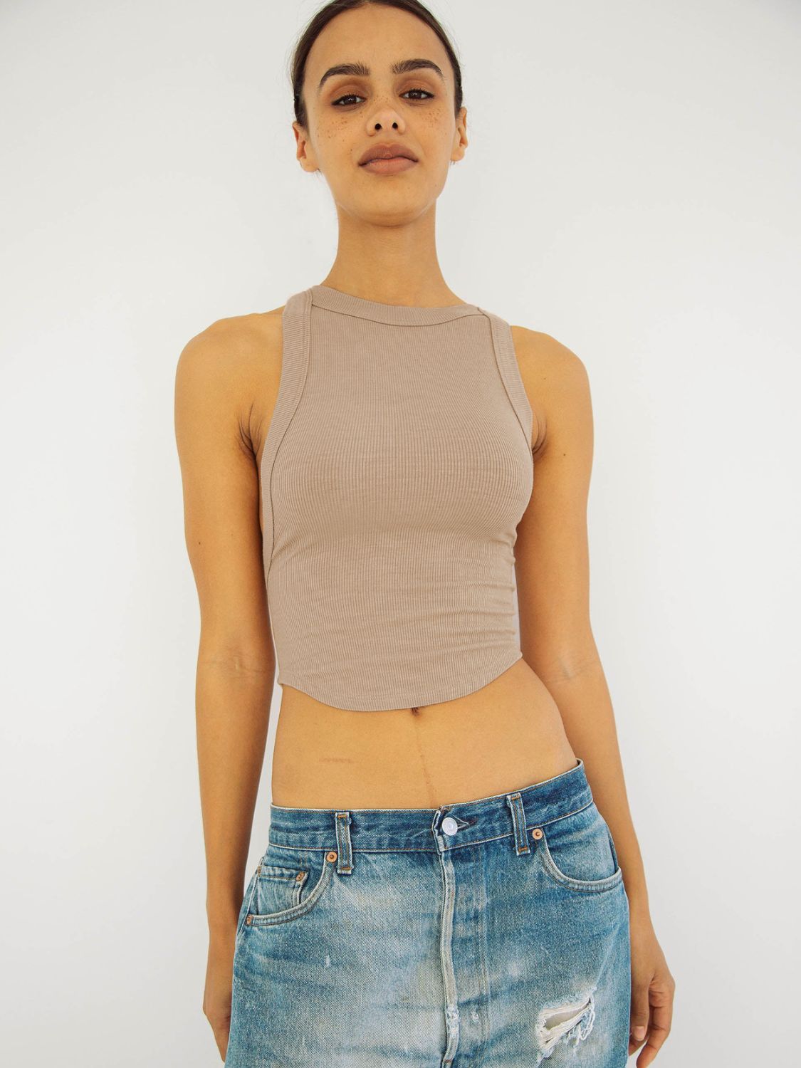 Halter Neck Ribbed Cropped Top Tan